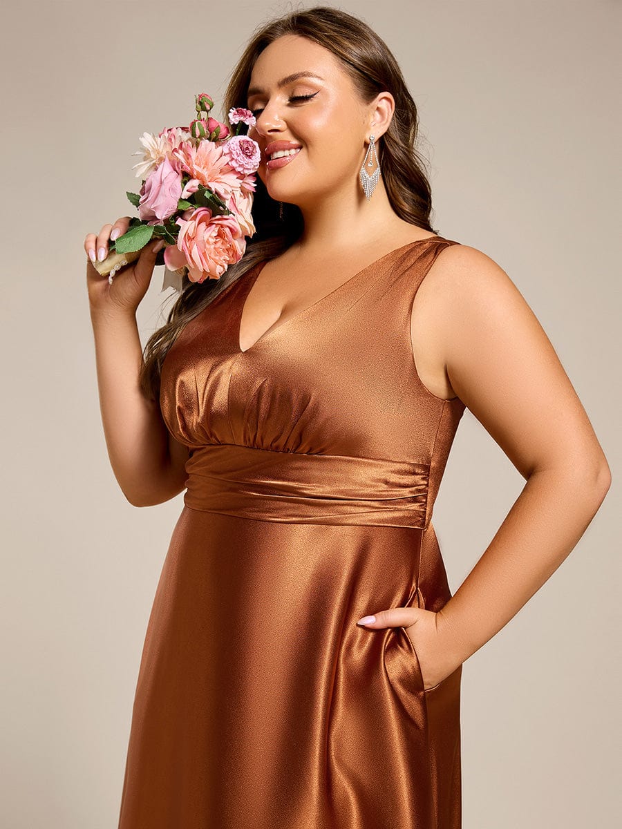 V-neck Empire Waist Satin Maxi Bridesmaid Dress with Pockets #color_Copper