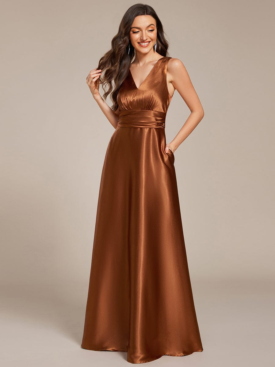 V-neck Empire Waist Satin Maxi Bridesmaid Dress with Pockets #color_Copper