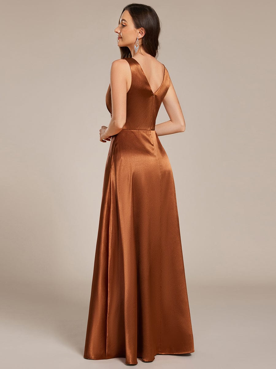 V-neck Empire Waist Satin Maxi Bridesmaid Dress with Pockets #color_Copper