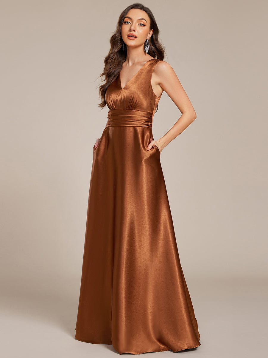 V-neck Empire Waist Satin Maxi Bridesmaid Dress with Pockets #color_Copper