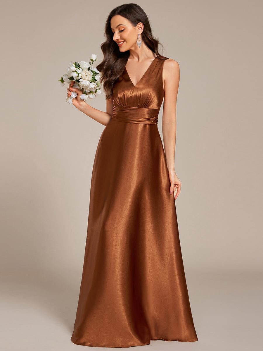 V-neck Empire Waist Satin Maxi Bridesmaid Dress with Pockets #color_Copper