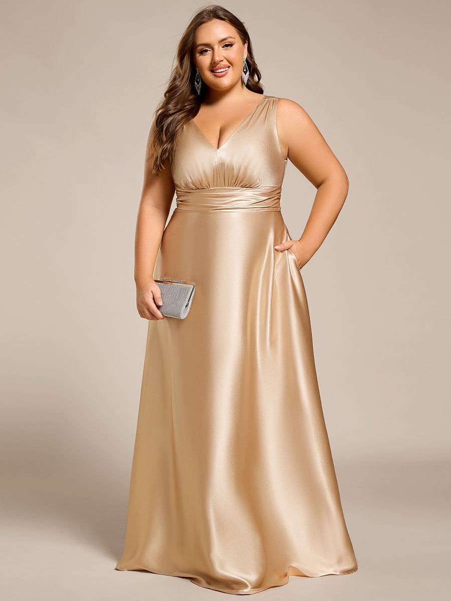 V-neck Empire Waist Satin Maxi Bridesmaid Dress with Pockets #color_Champagne