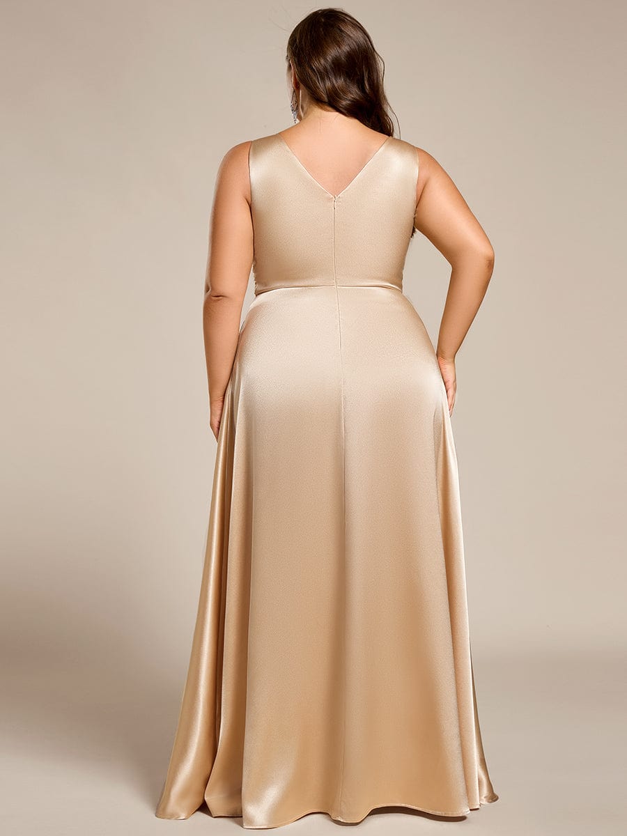 V-neck Empire Waist Satin Maxi Bridesmaid Dress with Pockets #color_Champagne