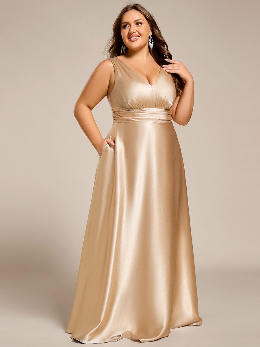 V-neck Empire Waist Satin Maxi Bridesmaid Dress with Pockets #color_Champagne