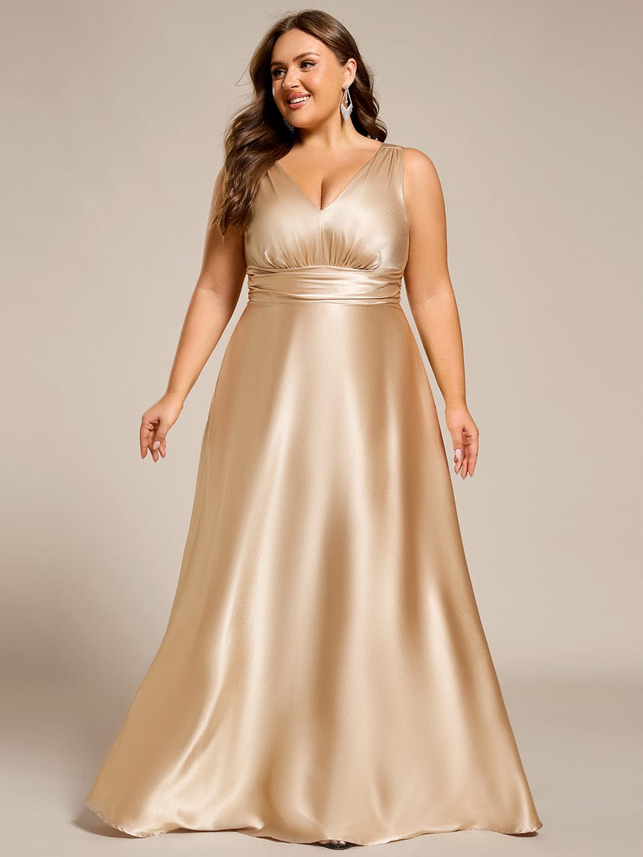 V-neck Empire Waist Satin Maxi Bridesmaid Dress with Pockets #color_Champagne