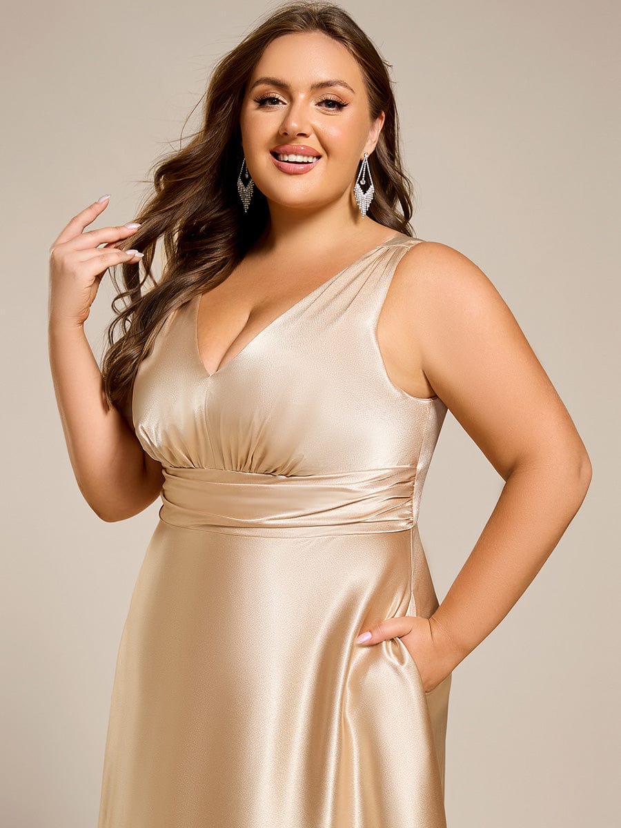 Plus Size Satin Empire Waist Maxi Bridesmaid Dress with Pockets #color_Champagne