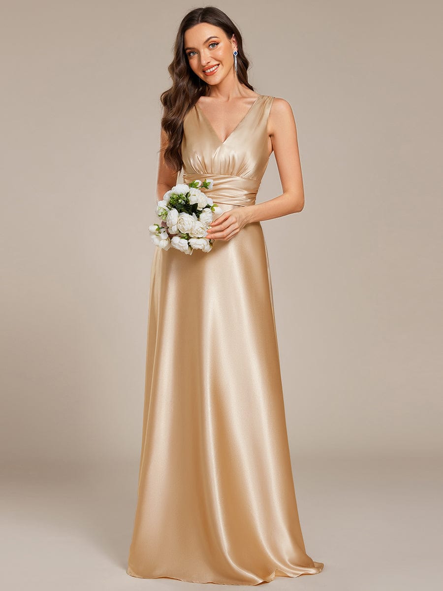 V-neck Empire Waist Satin Maxi Bridesmaid Dress with Pockets #color_Champagne