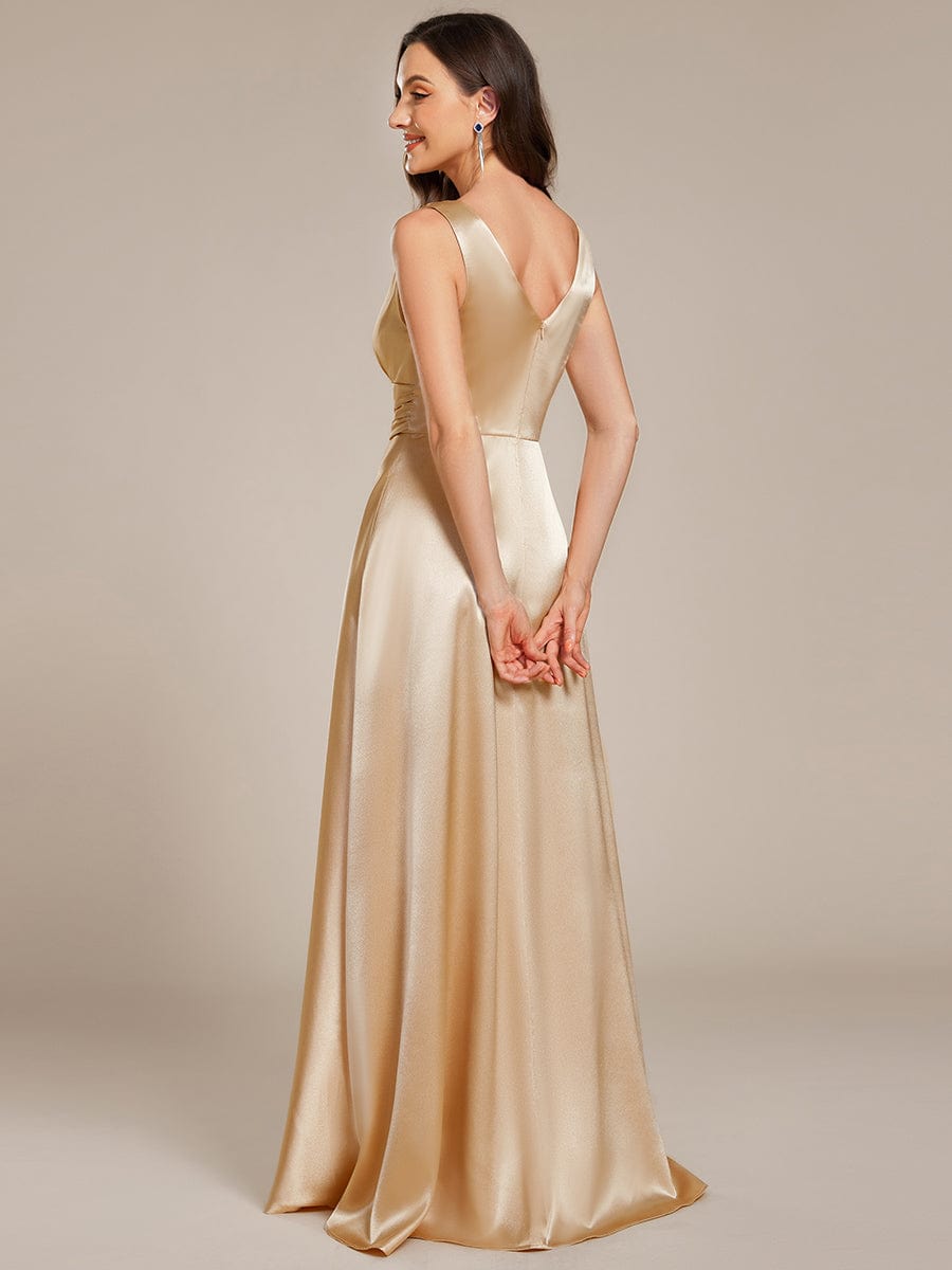 V-neck Empire Waist Satin Maxi Bridesmaid Dress with Pockets #color_Champagne