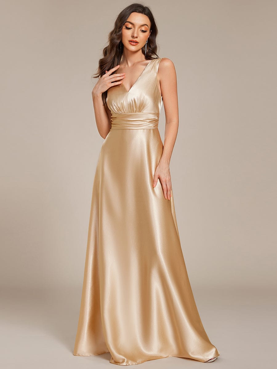 V-neck Empire Waist Satin Maxi Bridesmaid Dress with Pockets #color_Champagne