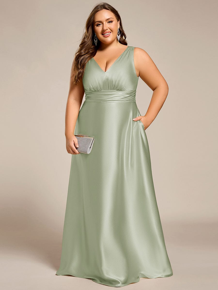 Plus Size Satin Empire Waist Maxi Bridesmaid Dress with Pockets #color_Mint Green