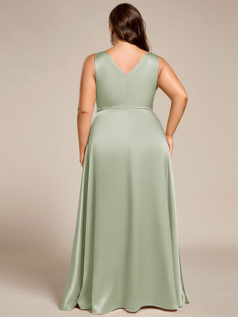 V-neck Empire Waist Satin Maxi Bridesmaid Dress with Pockets #color_Mint Green