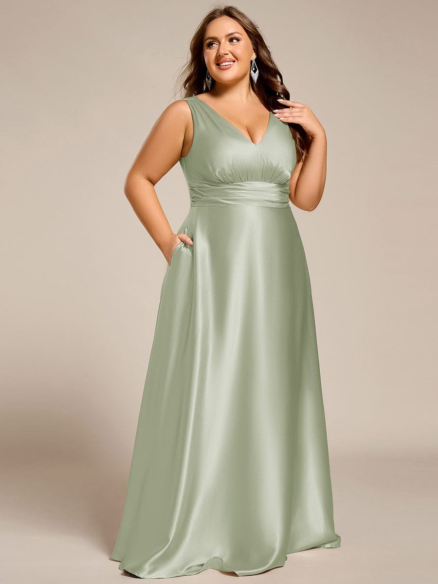 Plus Size Satin Empire Waist Maxi Bridesmaid Dress with Pockets #color_Mint Green