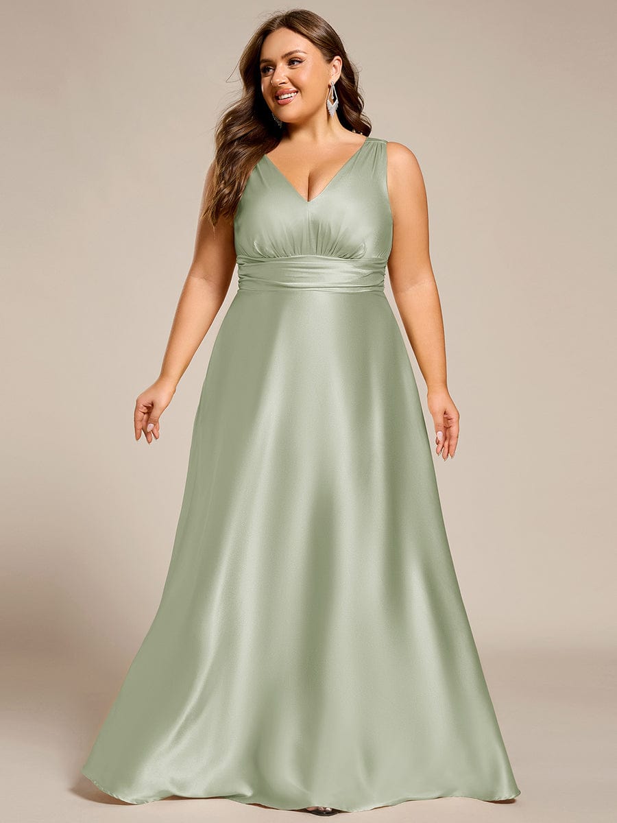 V-neck Empire Waist Satin Maxi Bridesmaid Dress with Pockets #color_Mint Green