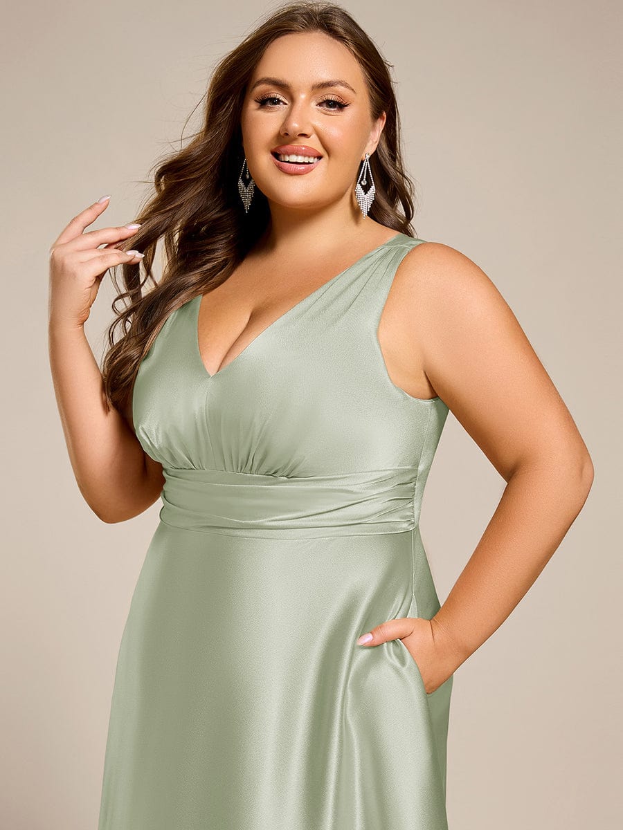 V-neck Empire Waist Satin Maxi Bridesmaid Dress with Pockets #color_Mint Green