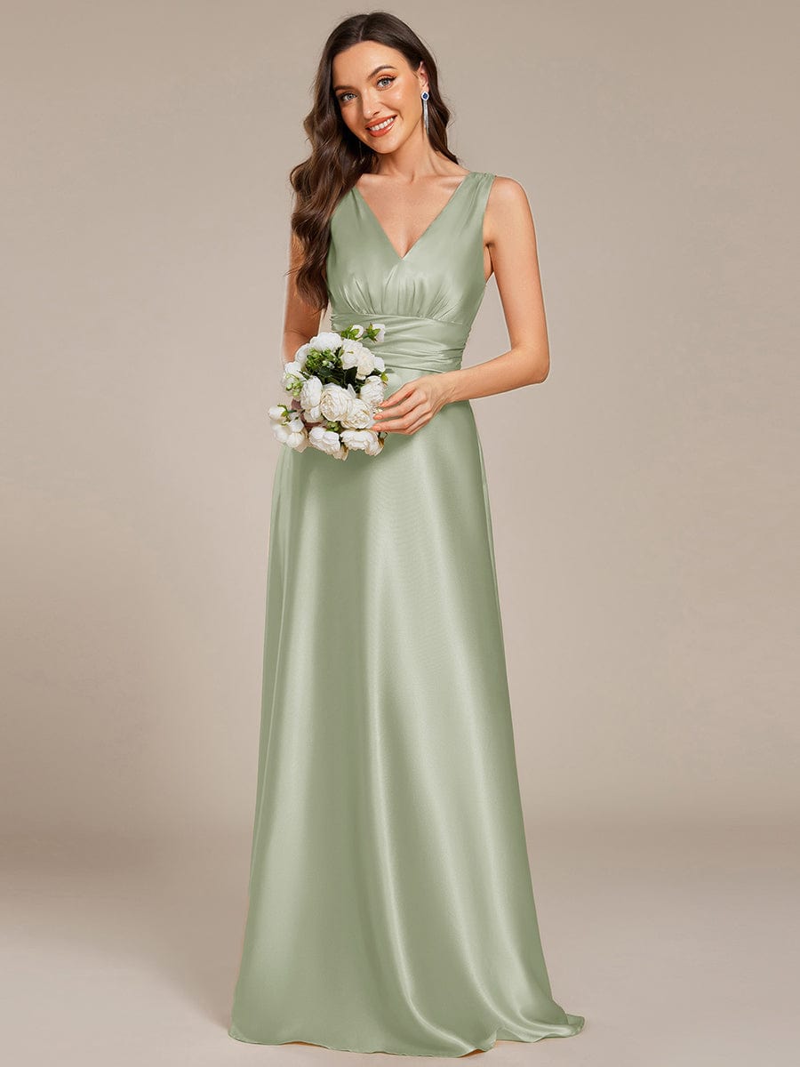 V-neck Empire Waist Satin Maxi Bridesmaid Dress with Pockets #color_Mint Green