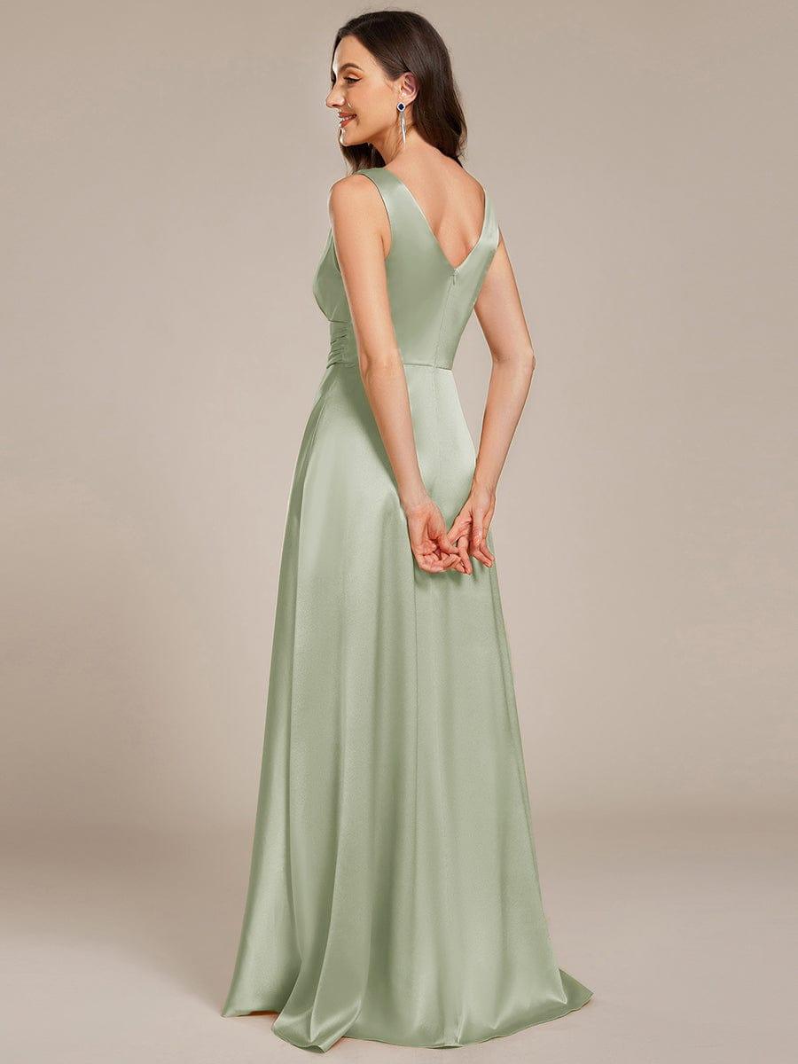 V-neck Empire Waist Satin Maxi Bridesmaid Dress with Pockets #color_Mint Green