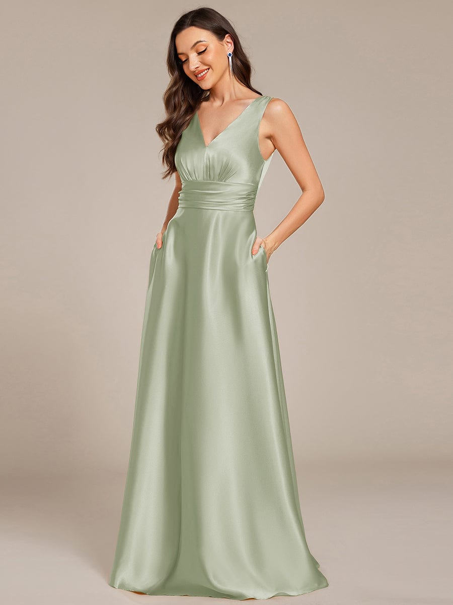 V-neck Empire Waist Satin Maxi Bridesmaid Dress with Pockets #color_Mint Green