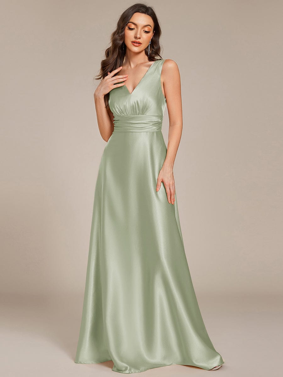 V-neck Empire Waist Satin Maxi Bridesmaid Dress with Pockets #color_Mint Green