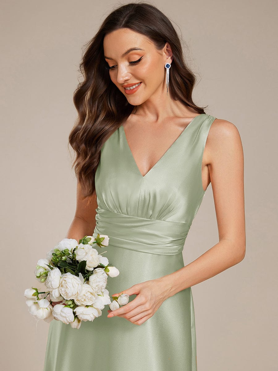 V-neck Empire Waist Satin Maxi Bridesmaid Dress with Pockets #color_Mint Green