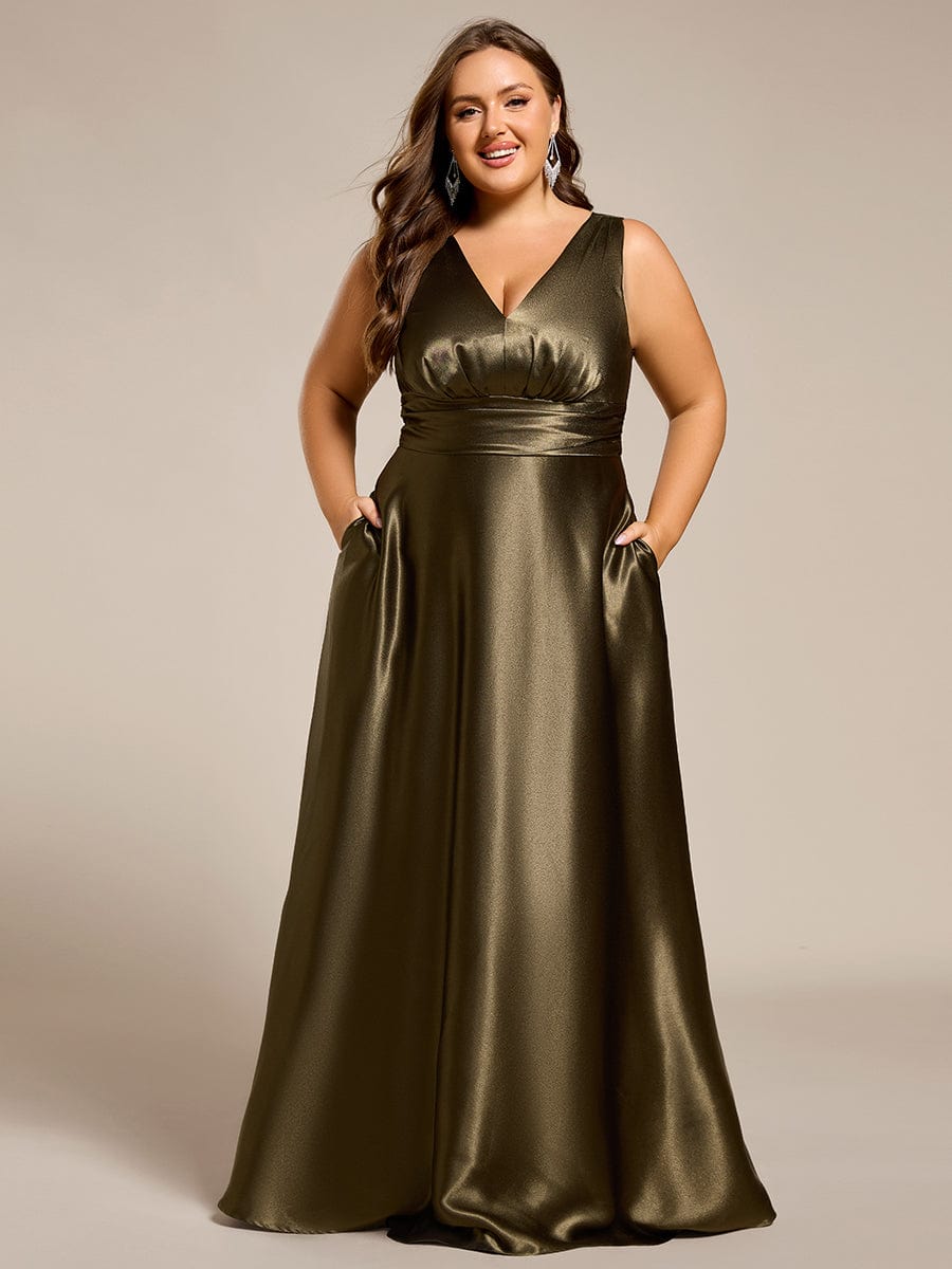 V-neck Empire Waist Satin Maxi Bridesmaid Dress with Pockets #color_Olive Green