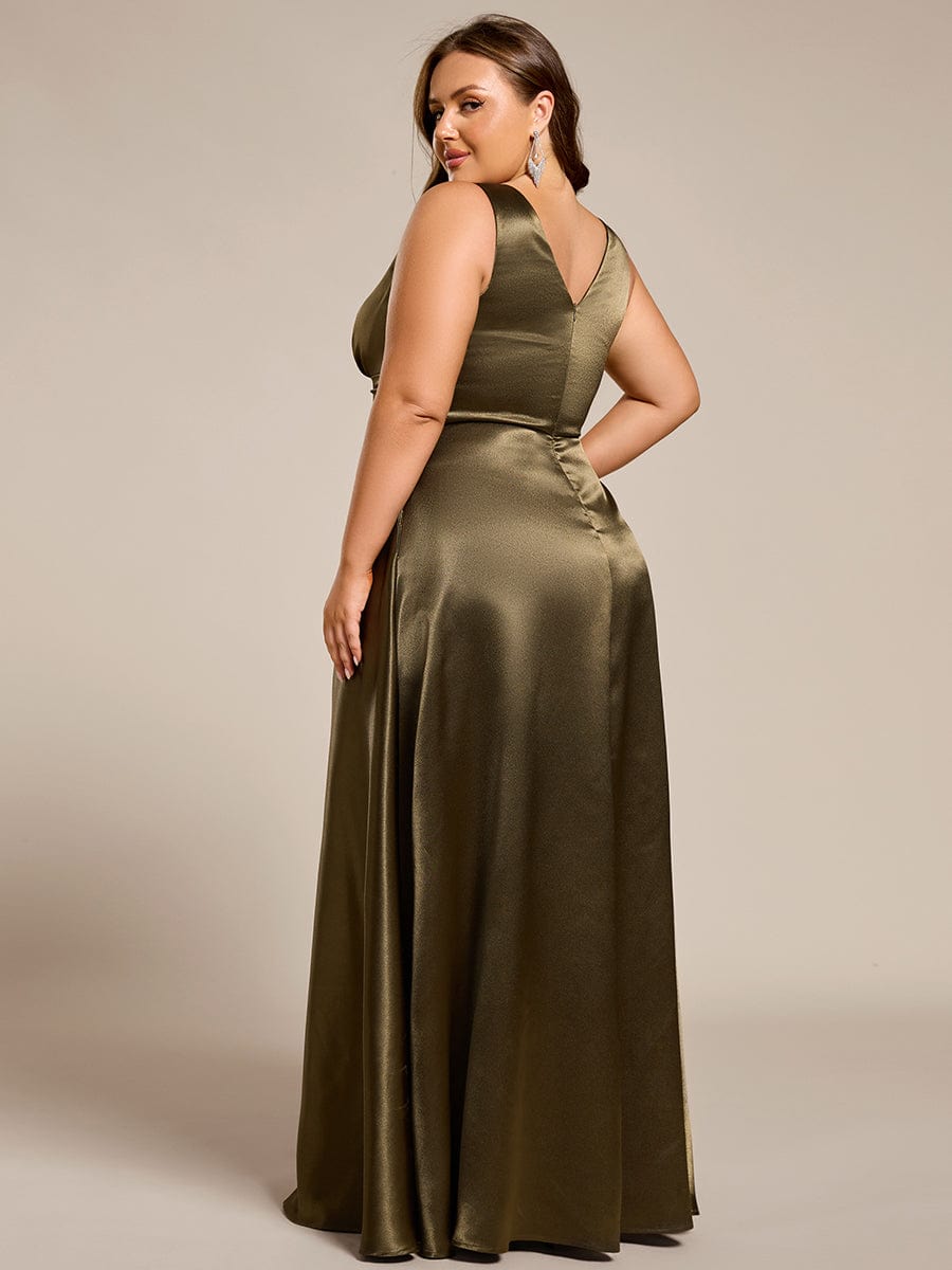 V-neck Empire Waist Satin Maxi Bridesmaid Dress with Pockets #color_Olive Green