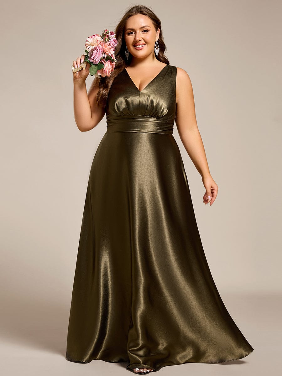 V-neck Empire Waist Satin Maxi Bridesmaid Dress with Pockets #color_Olive Green