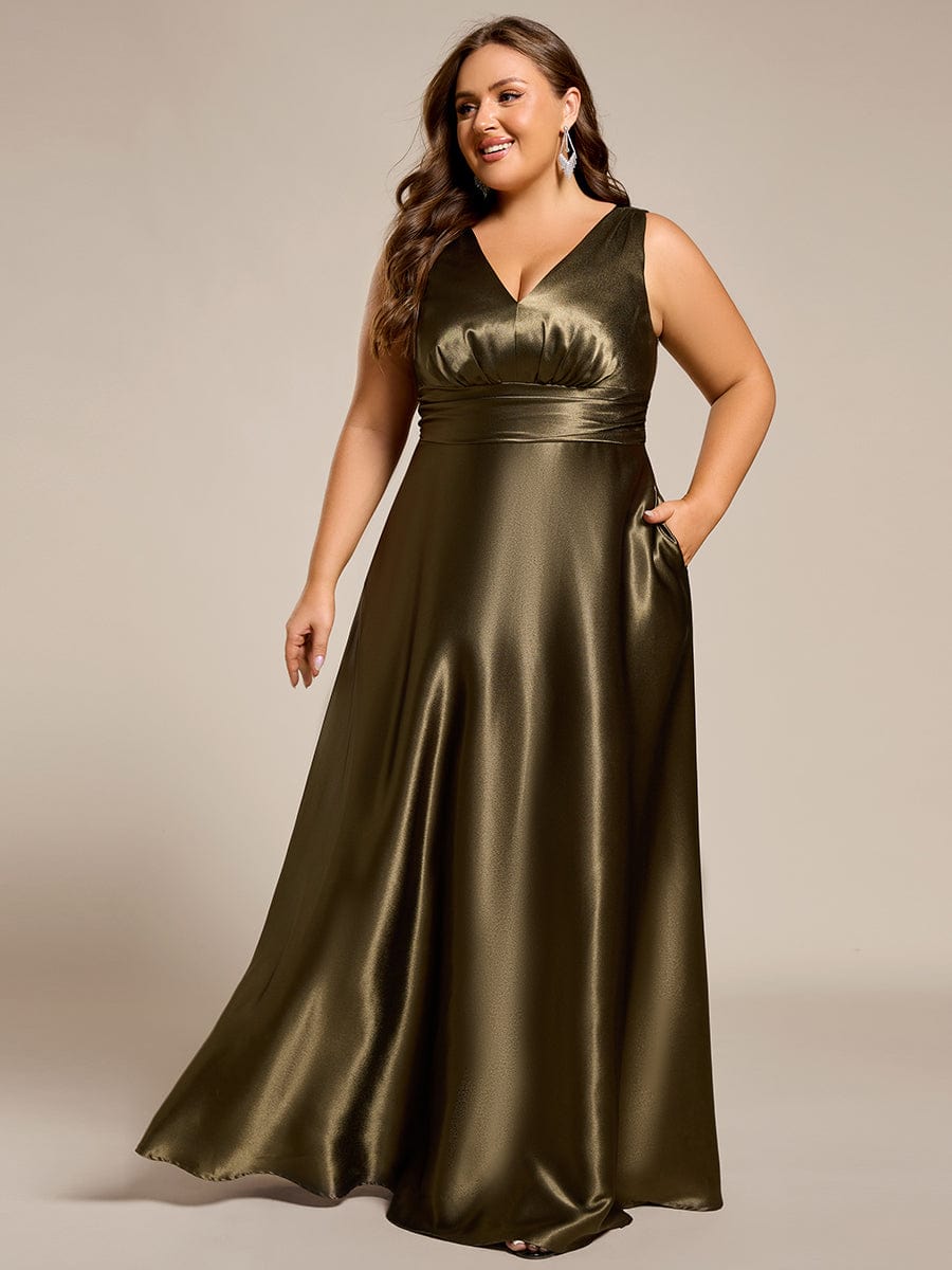 V-neck Empire Waist Satin Maxi Bridesmaid Dress with Pockets #color_Olive Green