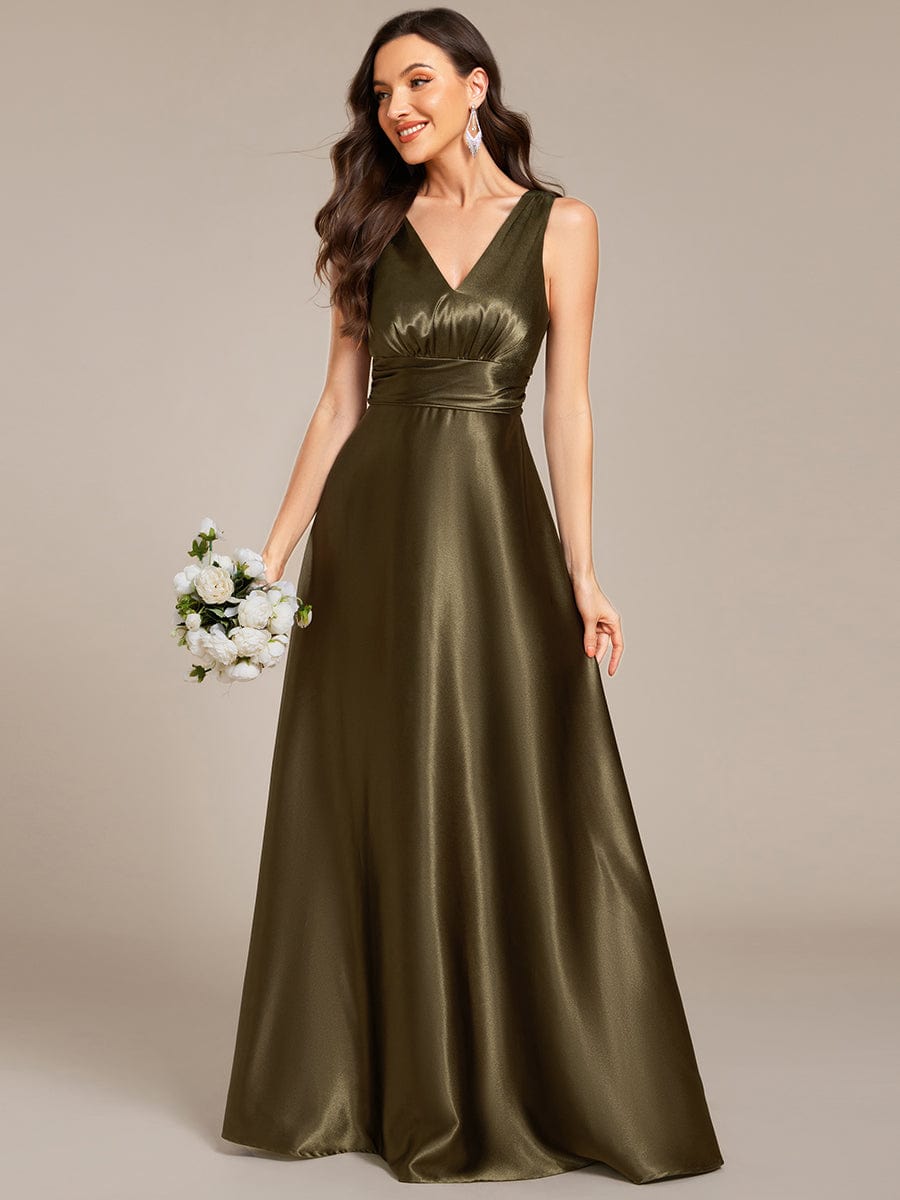 V-neck Empire Waist Satin Maxi Bridesmaid Dress with Pockets #color_Olive Green