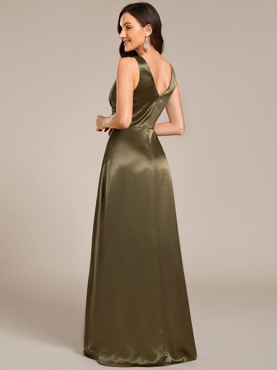 V-neck Empire Waist Satin Maxi Bridesmaid Dress with Pockets #color_Olive Green