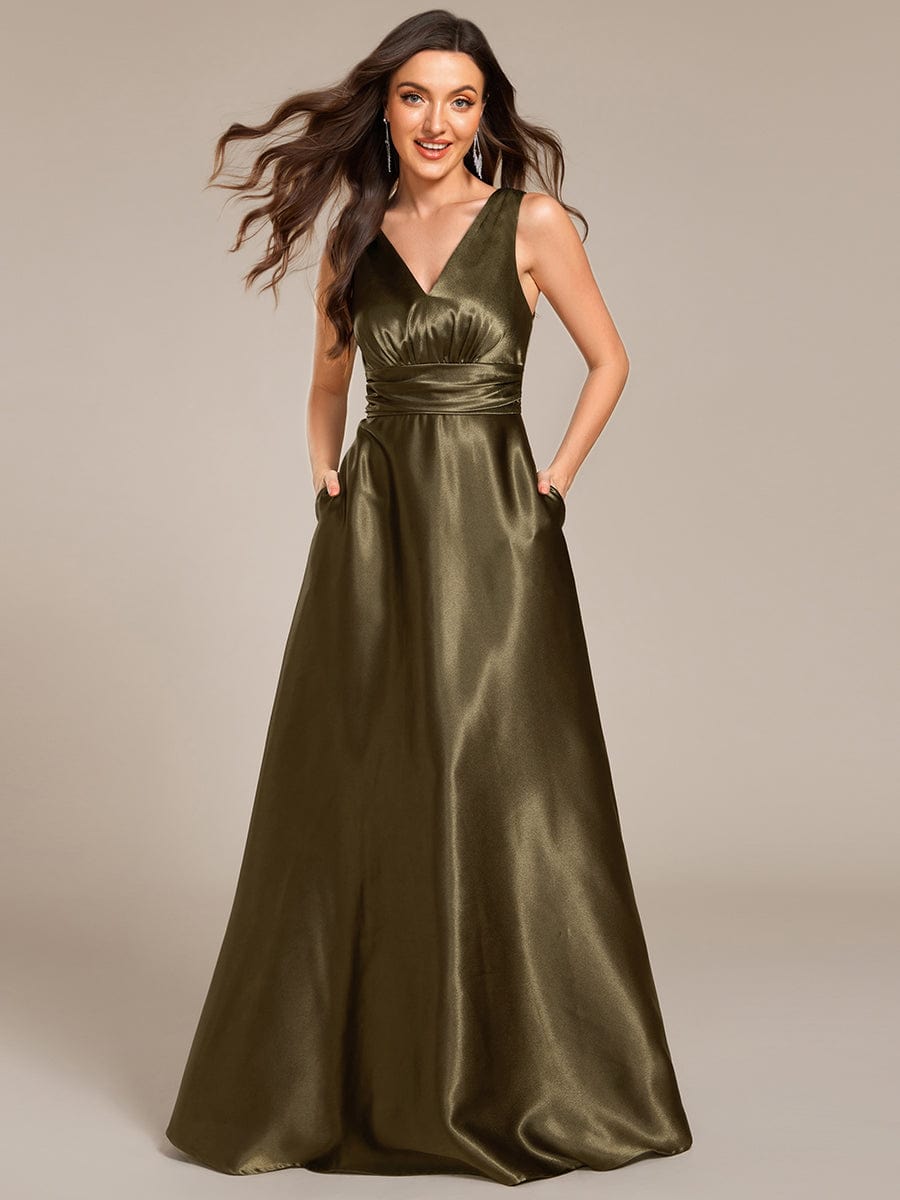 V-neck Empire Waist Satin Maxi Bridesmaid Dress with Pockets #color_Olive Green