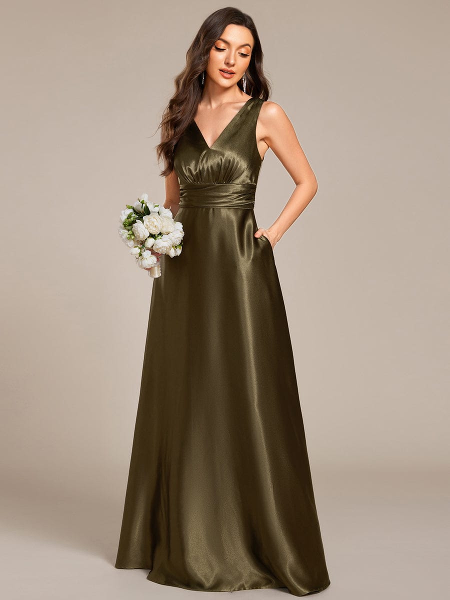 V-neck Empire Waist Satin Maxi Bridesmaid Dress with Pockets #color_Olive Green