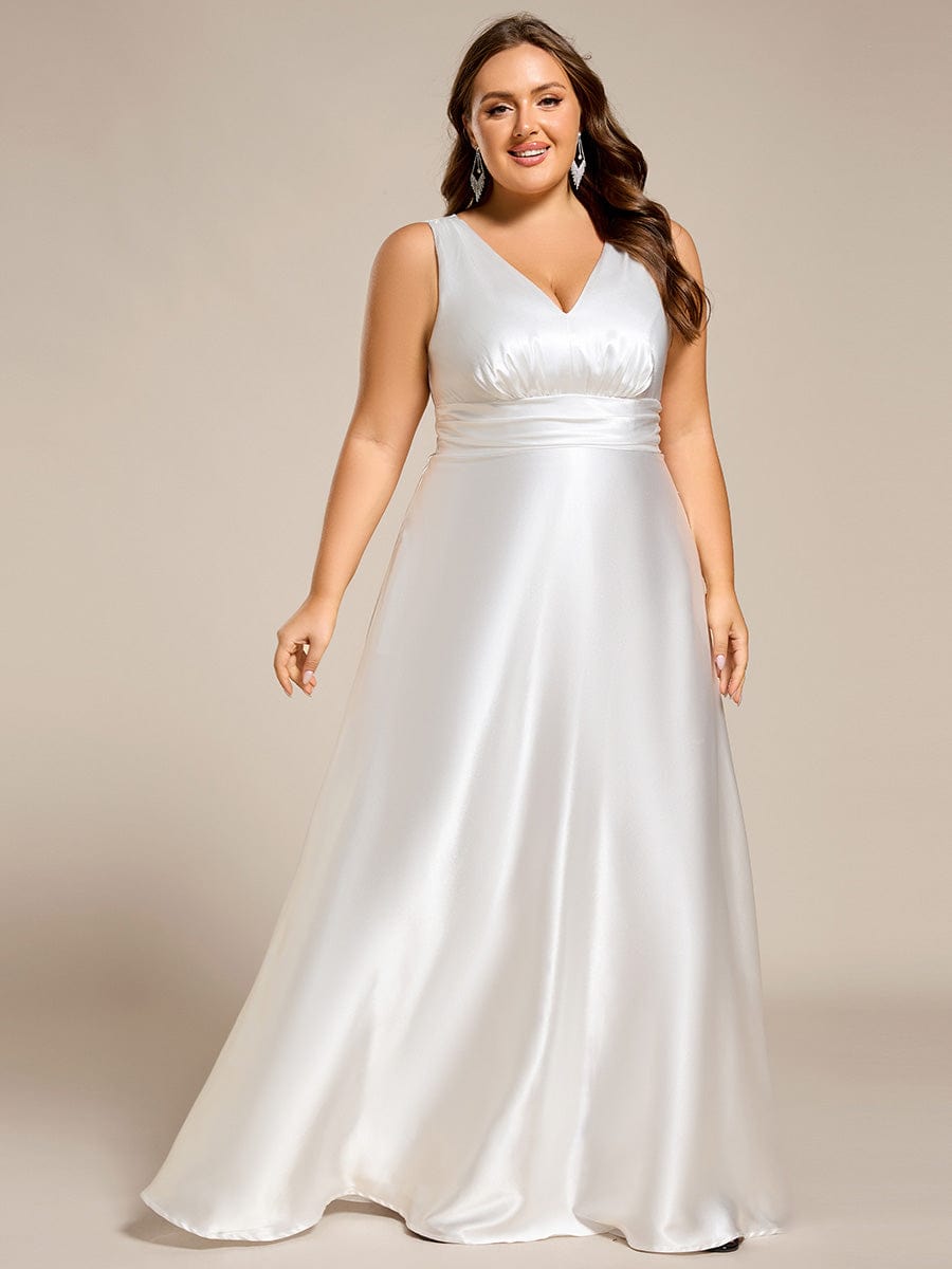 V-neck Empire Waist Satin Maxi Bridesmaid Dress with Pockets #color_White