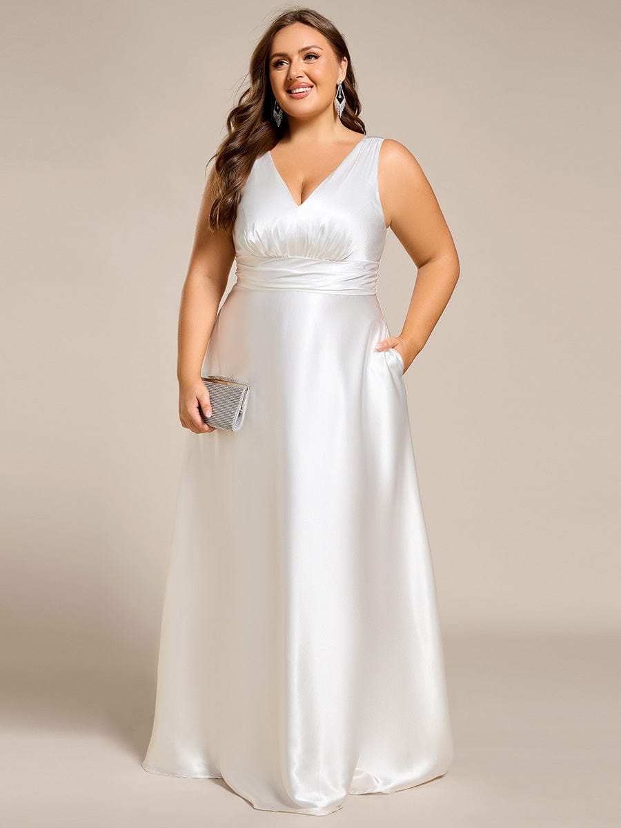 V-neck Empire Waist Satin Maxi Bridesmaid Dress with Pockets #color_White