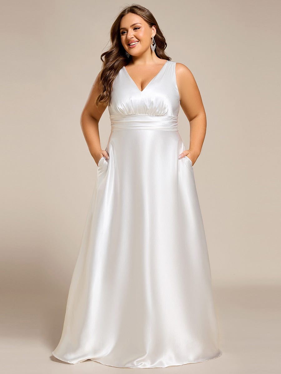 V-neck Empire Waist Satin Maxi Bridesmaid Dress with Pockets #color_White