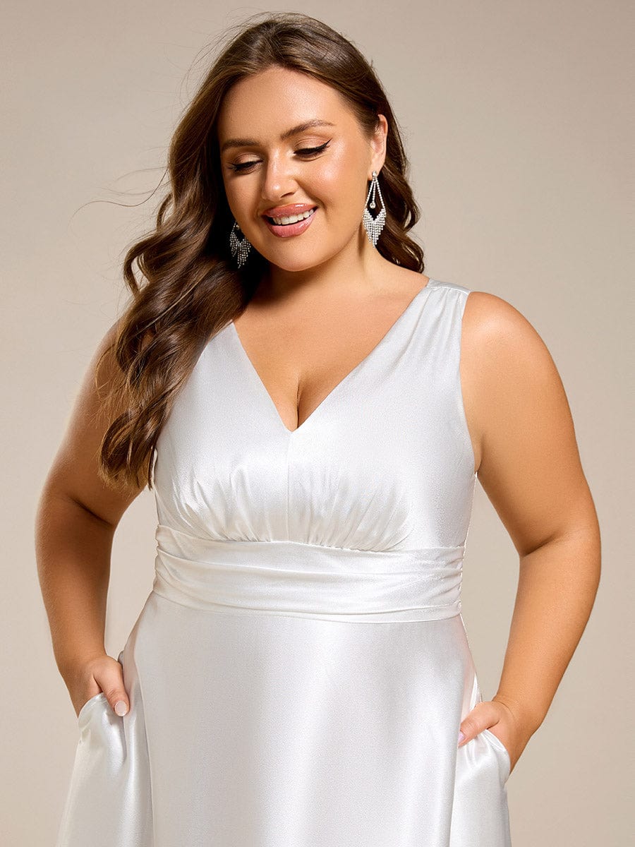 Plus Size Satin Empire Waist Maxi Bridesmaid Dress with Pockets #color_White