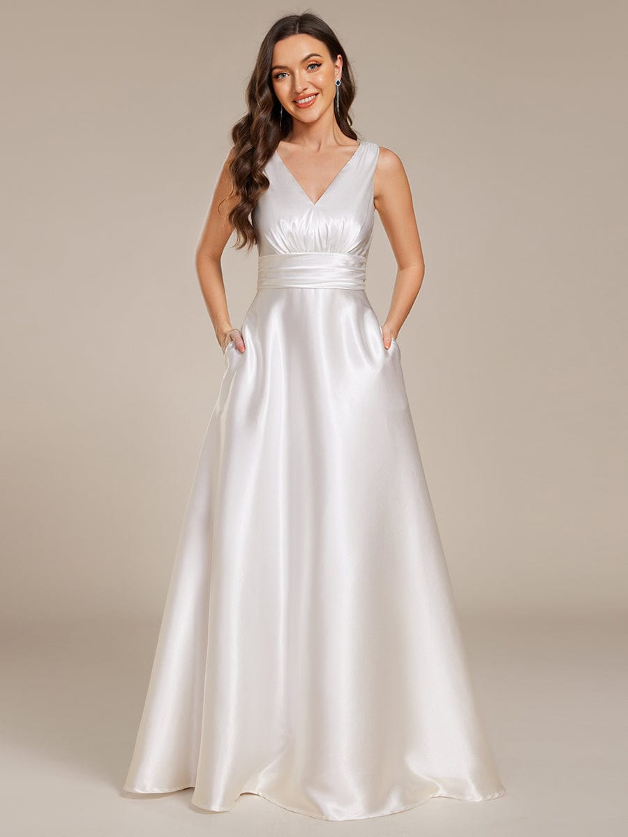 V-neck Empire Waist Satin Maxi Bridesmaid Dress with Pockets #color_White