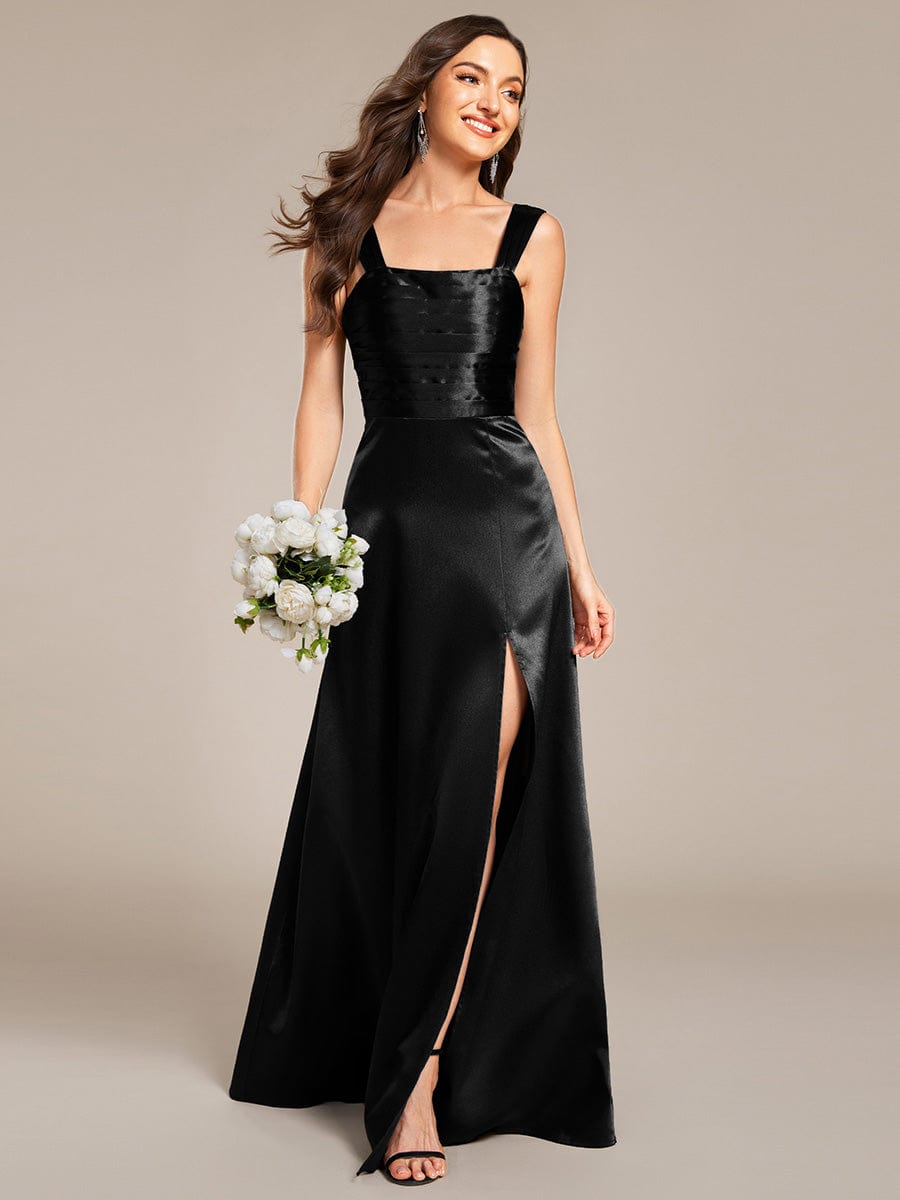 Square Neck Satin Maxi Bridesmaid Dress with Front Slit #color_Black