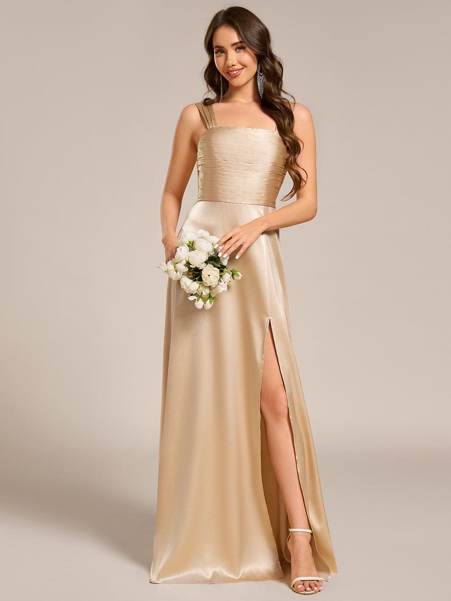 Square Neck Satin Maxi Bridesmaid Dress with Front Slit #color_Champagne