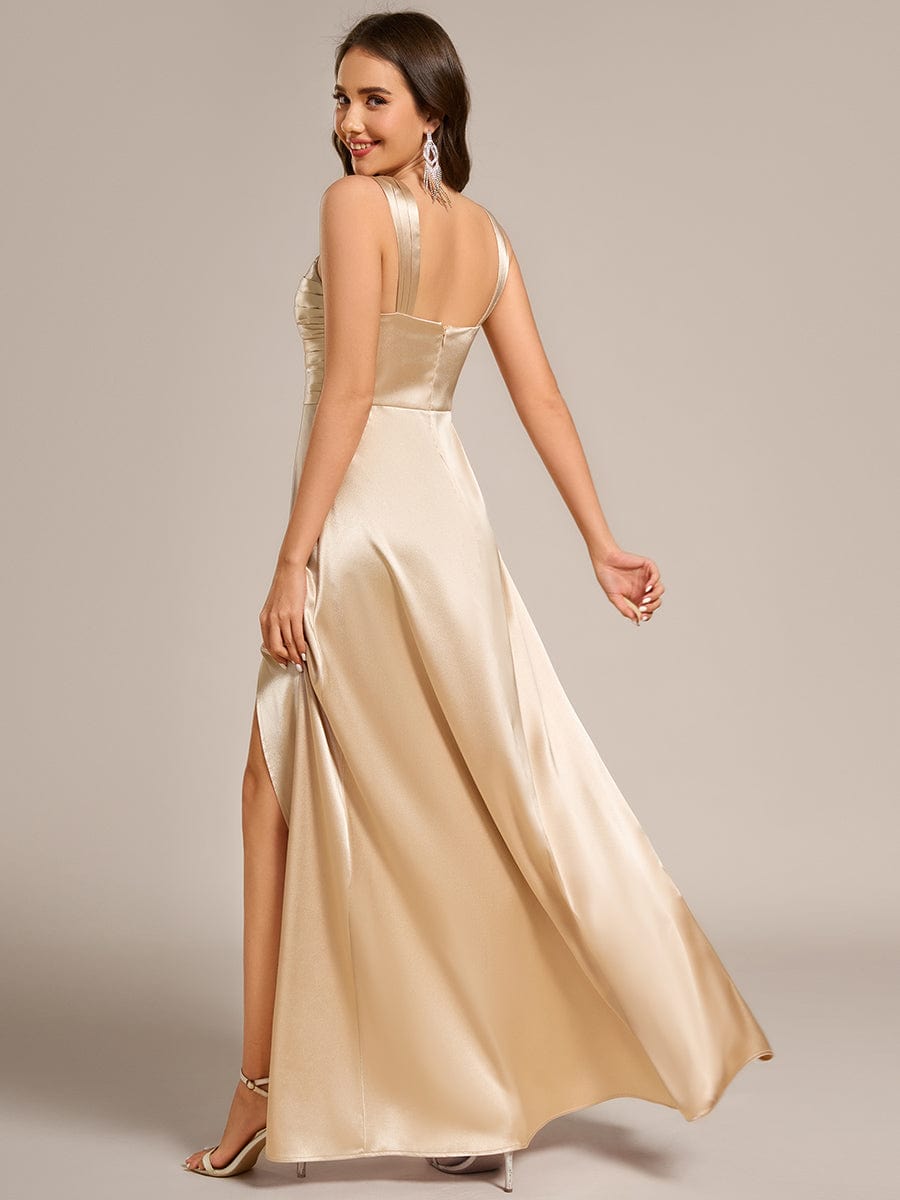 Square Neck Satin Maxi Bridesmaid Dress with Front Slit #color_Champagne