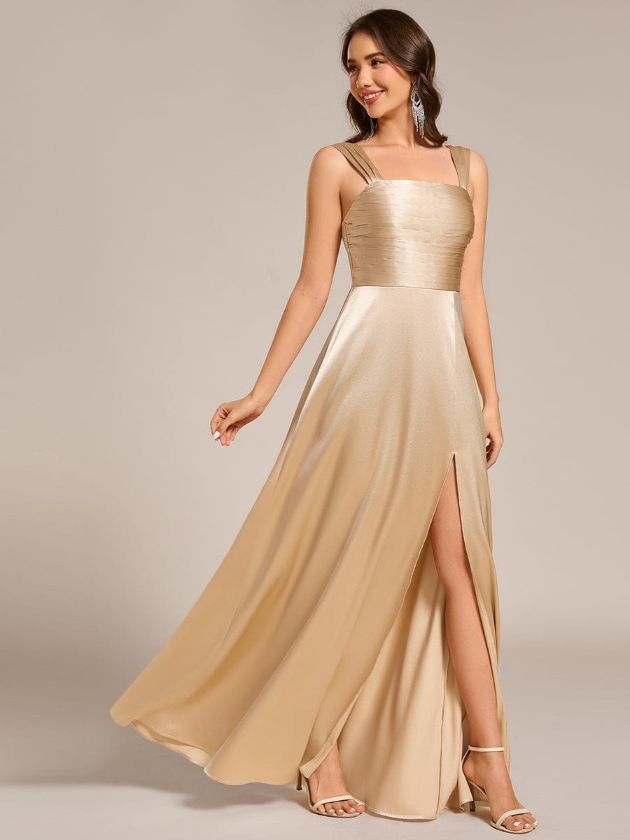 Square Neck Satin Maxi Bridesmaid Dress with Front Slit #color_Champagne