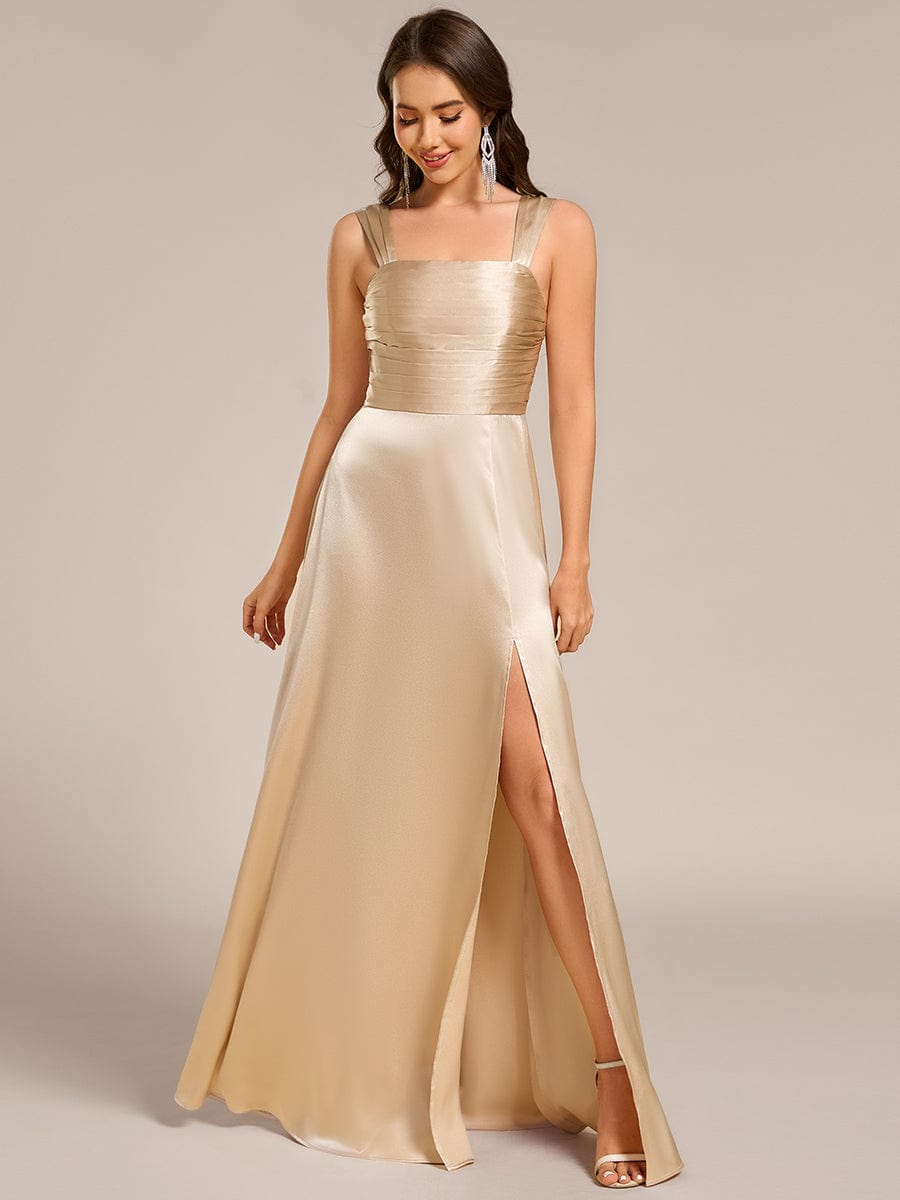 Square Neck Satin Maxi Bridesmaid Dress with Front Slit #color_Champagne