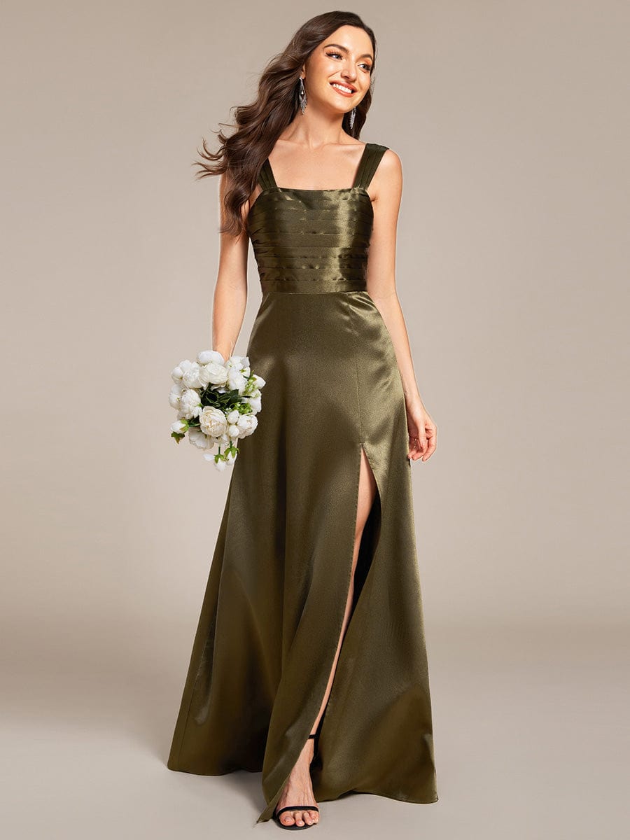 Square Neck Satin Maxi Bridesmaid Dress with Front Slit #color_Olive Green