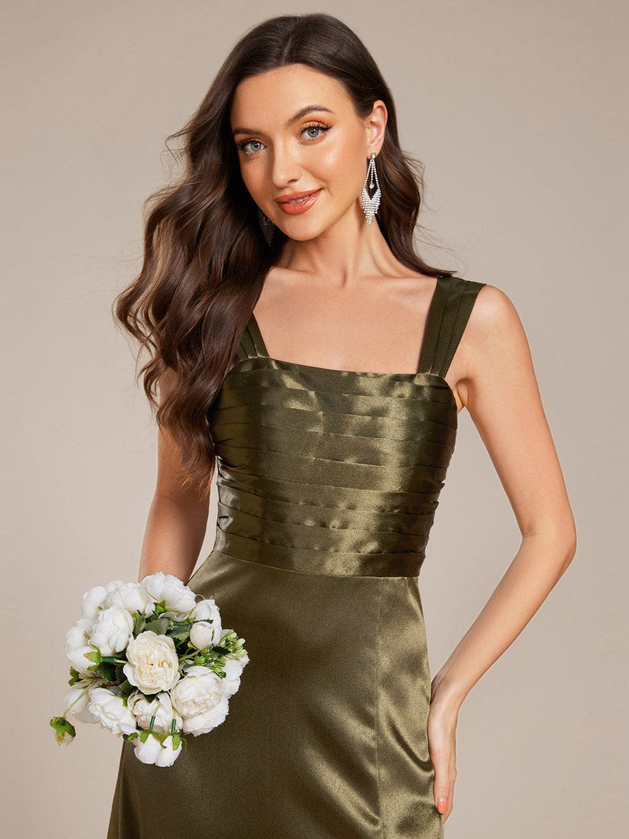 Square Neck Satin Maxi Bridesmaid Dress with Front Slit #color_Olive Green