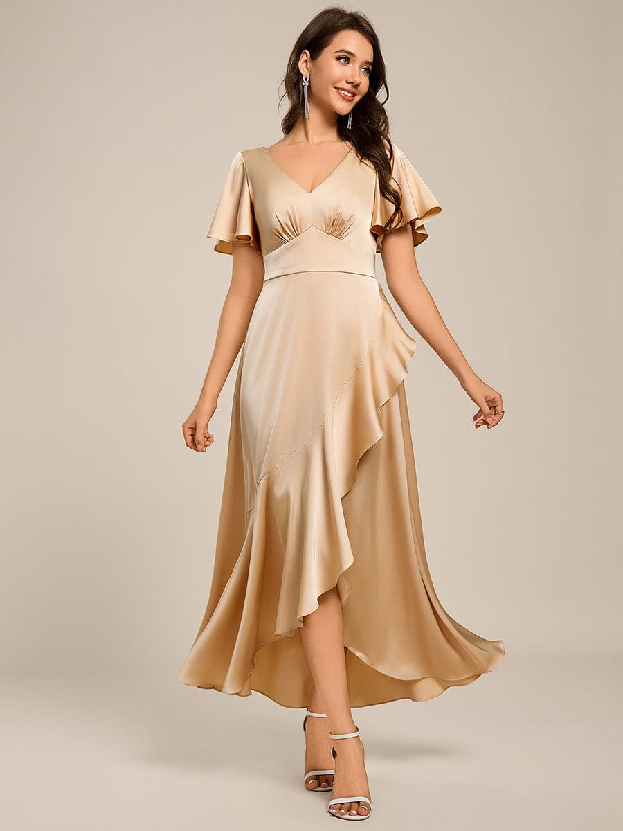 Short Sleeve Ruffled V-Neck Satin Midi Bridesmaid Dress #color_Champagne