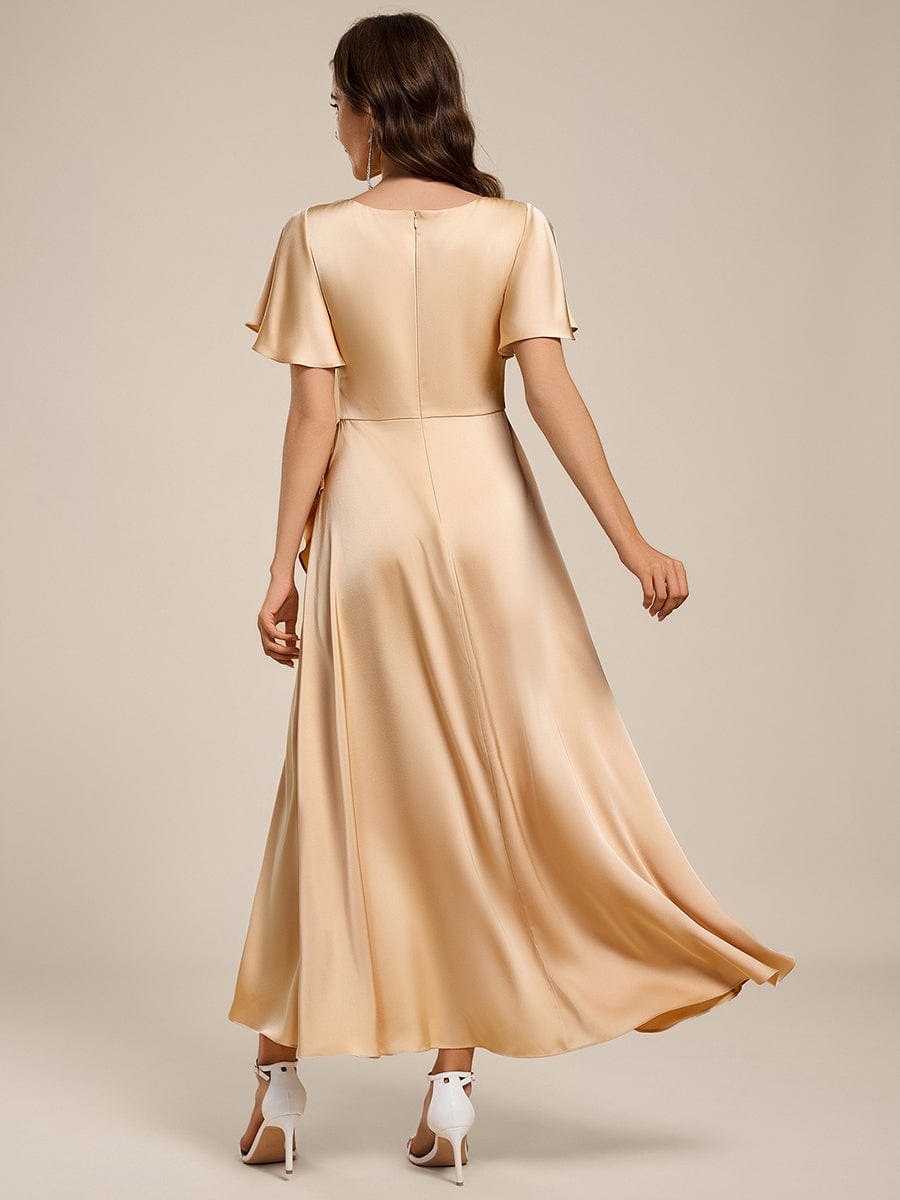 Short Sleeve Ruffled V-Neck Satin Midi Bridesmaid Dress #color_Champagne