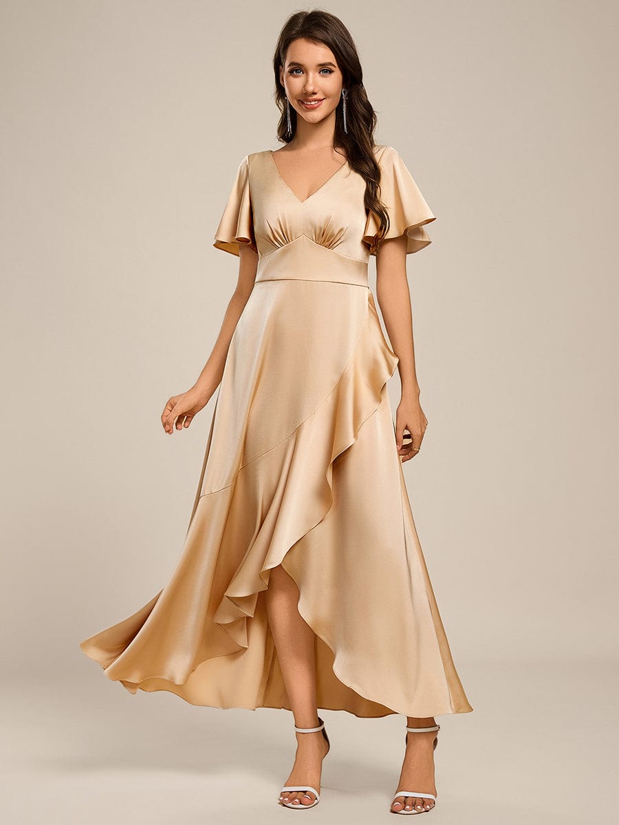 Short Sleeve Ruffled V-Neck Satin Midi Bridesmaid Dress #color_Champagne