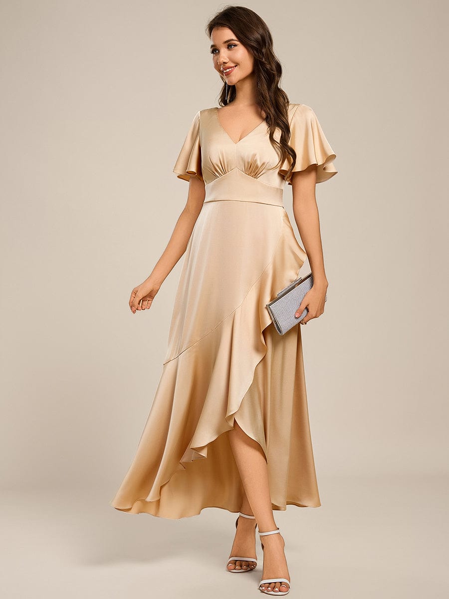 Short Sleeve Ruffled V-Neck Satin Midi Bridesmaid Dress #color_Champagne