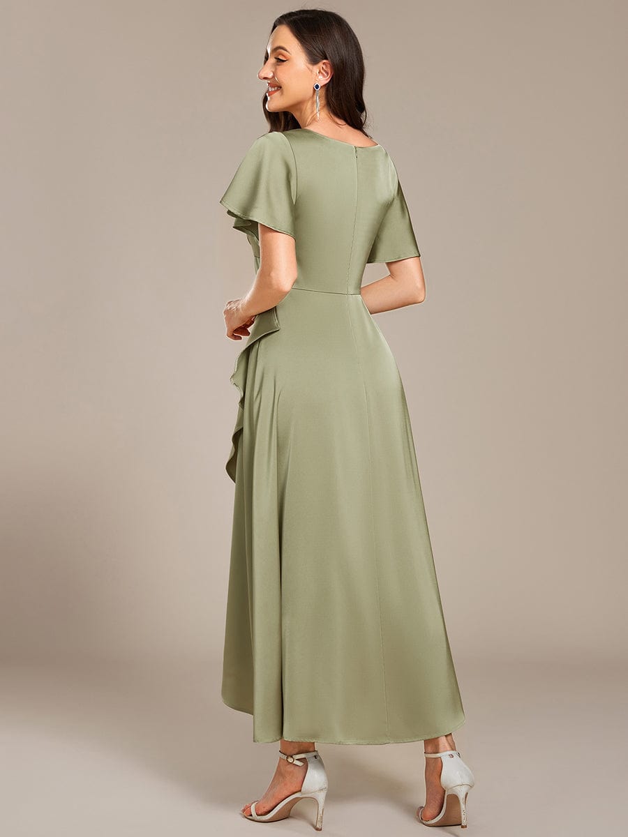 Short Sleeve Ruffled V-Neck Satin Midi Bridesmaid Dress #color_Sage Green