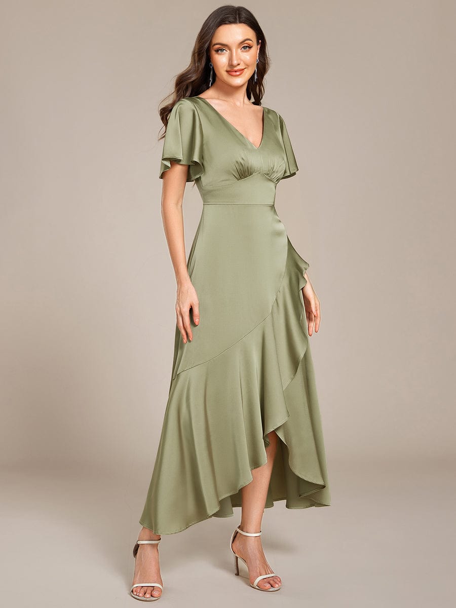 Short Sleeve Ruffled V-Neck Satin Midi Bridesmaid Dress #color_Sage Green