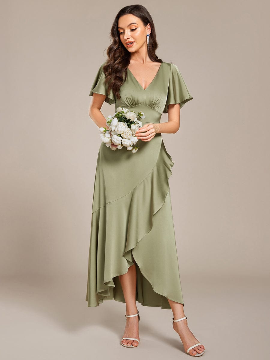 Short Sleeve Ruffled V-Neck Satin Midi Bridesmaid Dress #color_Sage Green